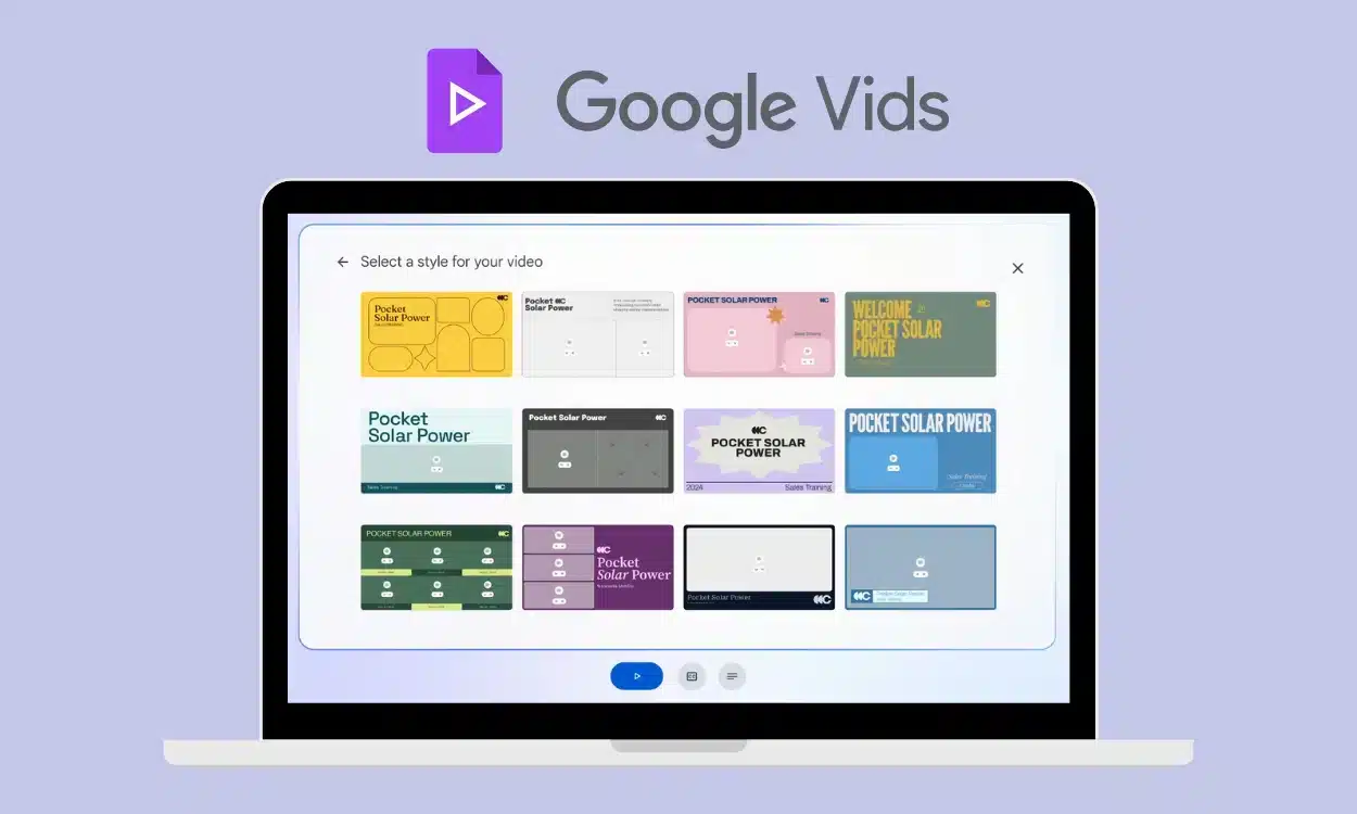 Interfaz de Google Vids mostrando selección de estilos y plantillas