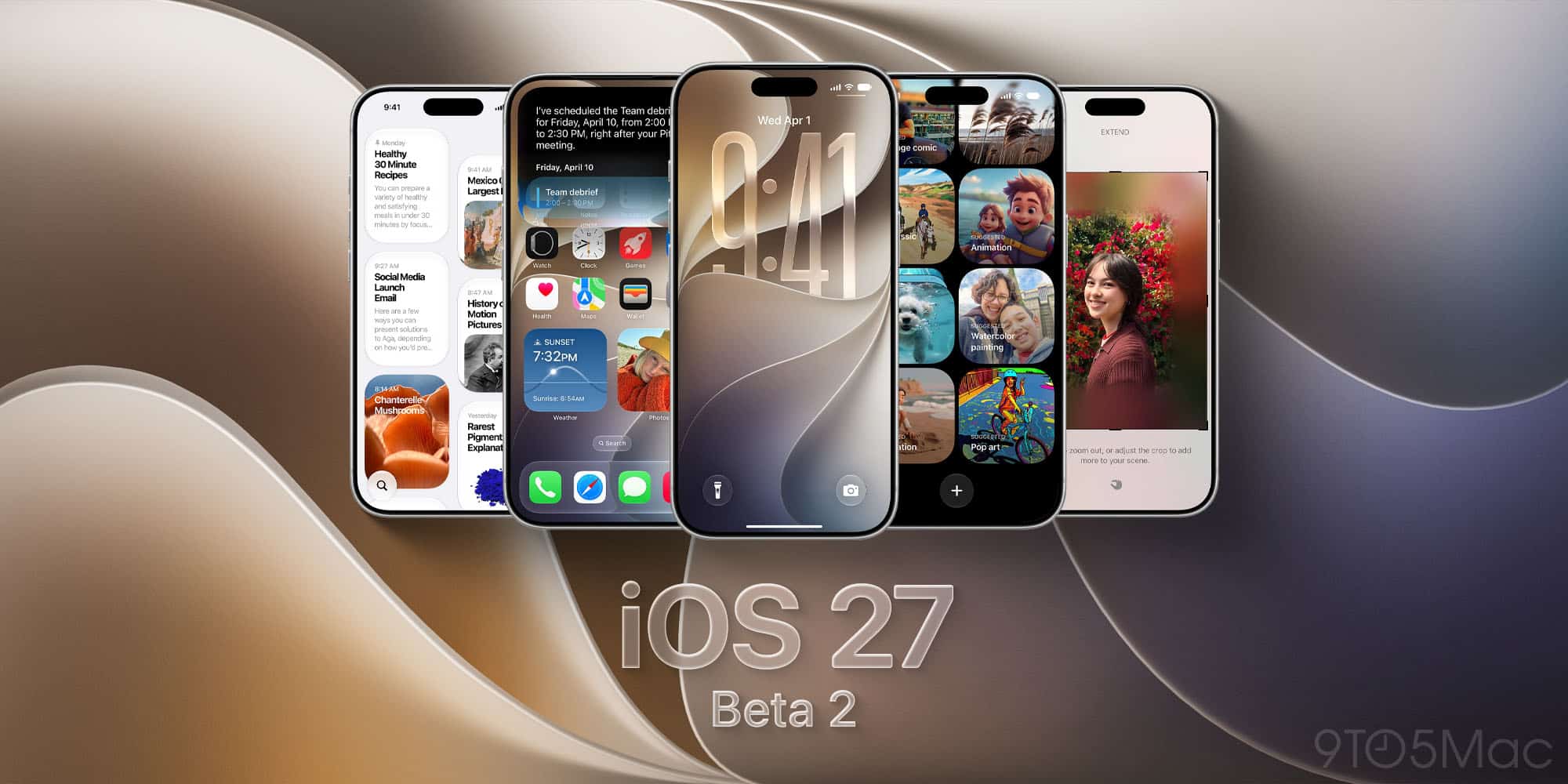 Varios iPhones mostrando la interfaz de iOS 27 Beta 2 con diferentes aplicaciones