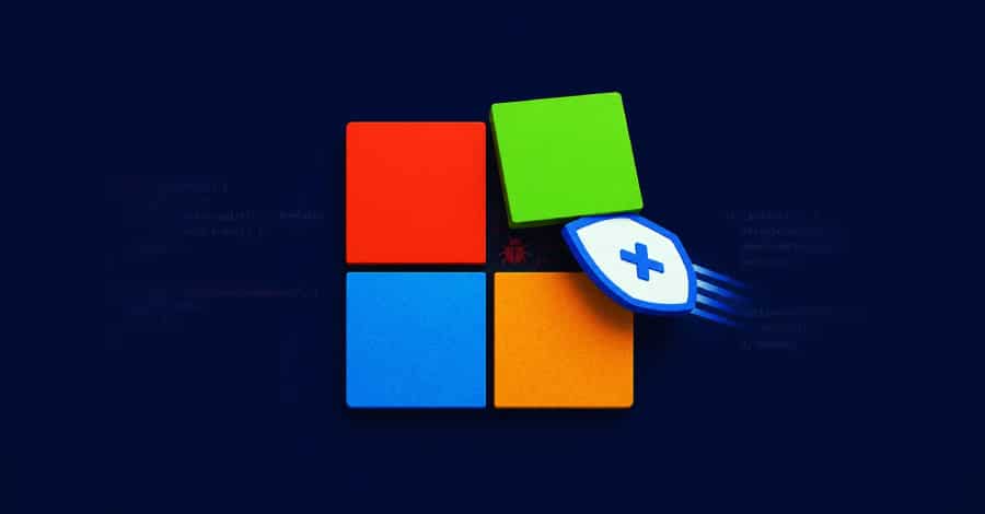 Ilustración del logo de Microsoft con un escudo de seguridad aplicando parches