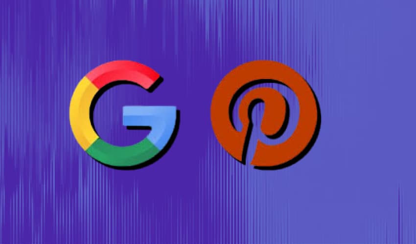 Logotipos de Google y Pinterest sobre fondo púrpura