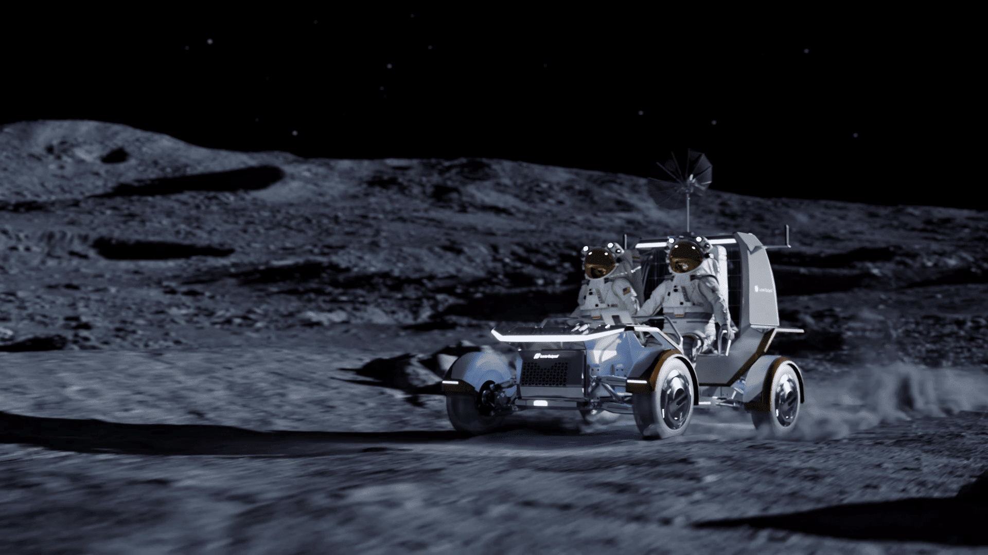 Rover lunar con dos figuras con casco que representan astronautas sobre la superficie lunar con cráteres y estrellas de fondo