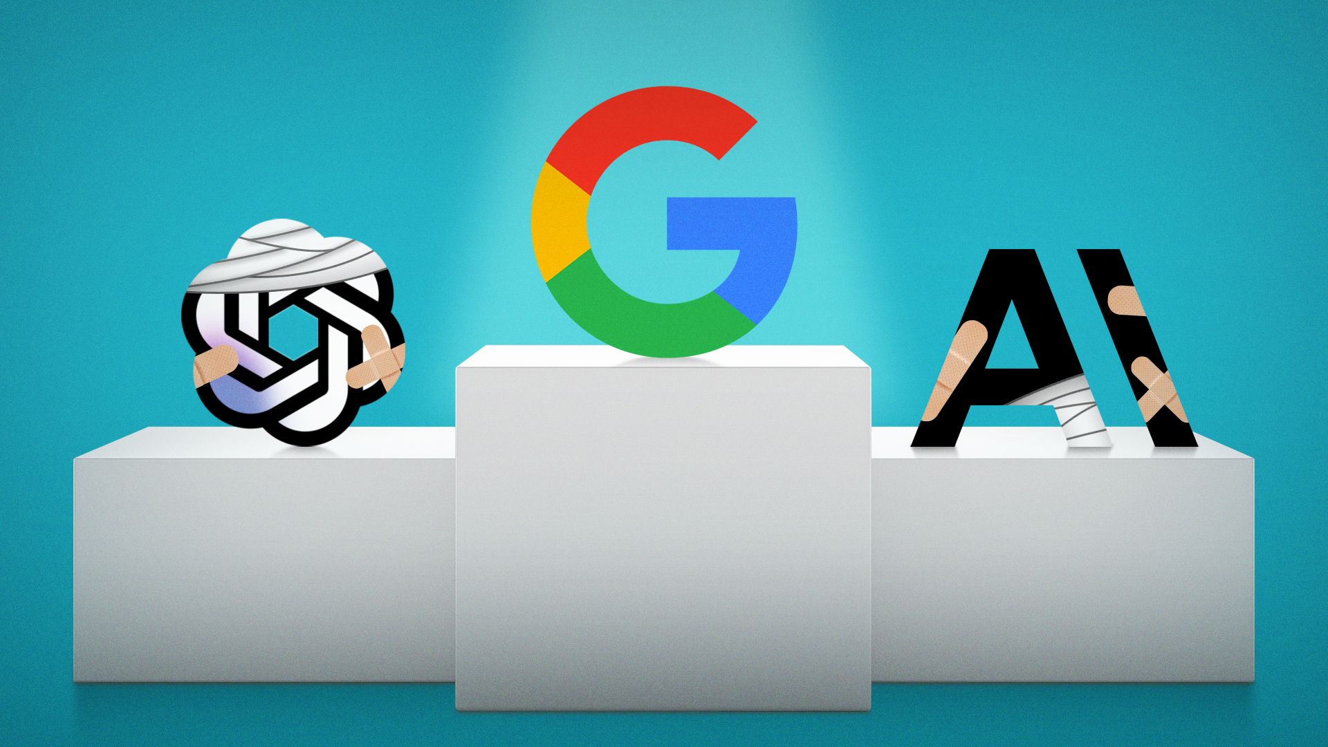 Símbolos de OpenAI, Google y una letra A vendada sobre pedestales