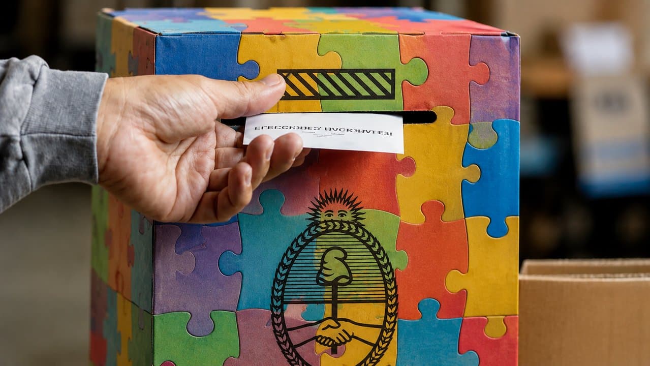 Mano introduciendo un papel en una urna de votación colorida