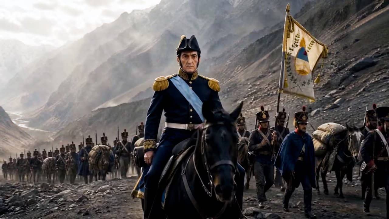 Escena del cortometraje El Libertador con un personaje a caballo y soldados en formación