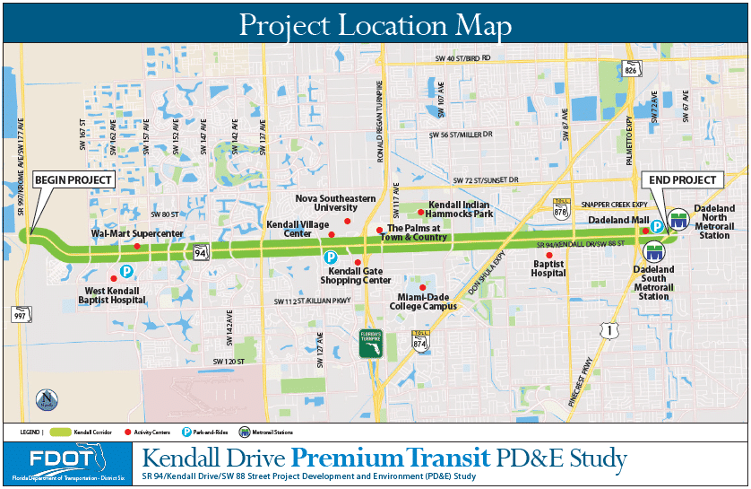 Mapa del estudio de tránsito premium en Kendall Drive elaborado por el FDOT