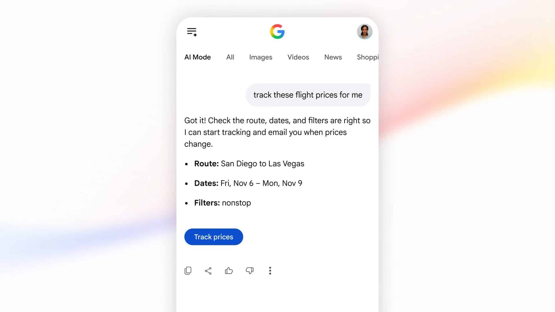 Interfaz de Google AI Mode para rastrear precios de vuelos