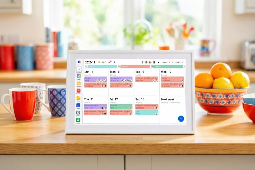 Calendario inteligente Linkdaze en vista semanal sobre la mesa de la cocina