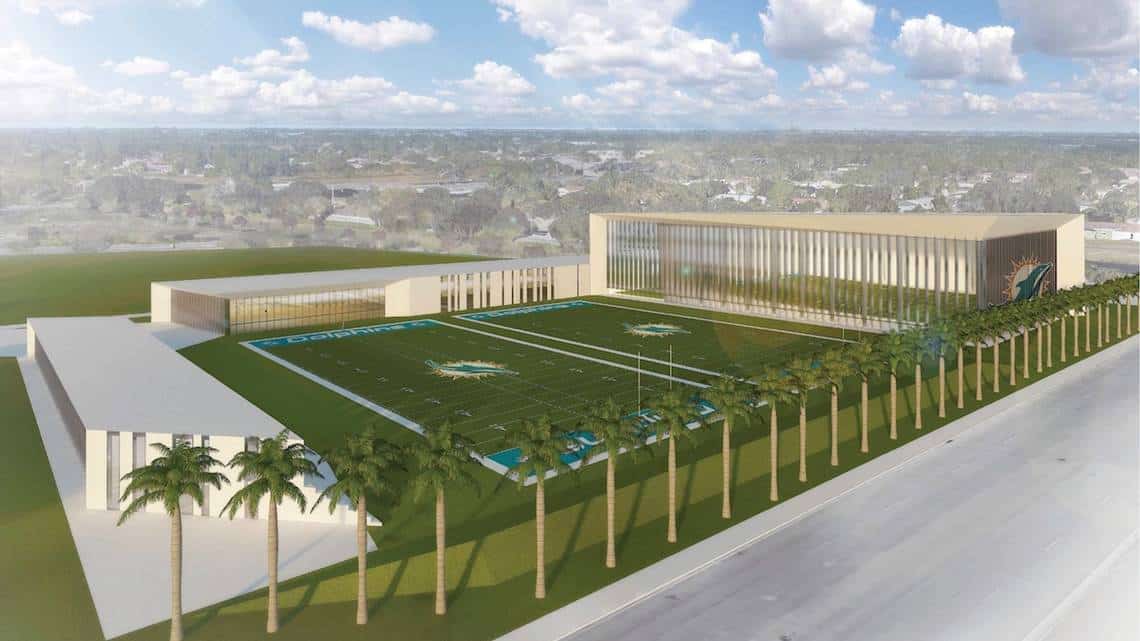 Representación arquitectónica del complejo de entrenamiento de los Miami Dolphins