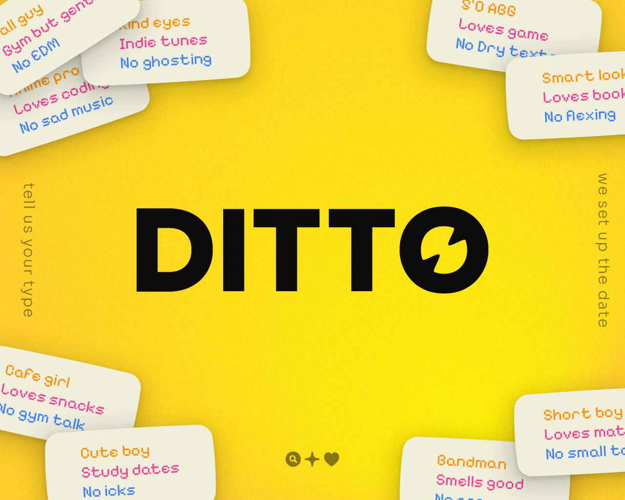 Diseño gráfico de la aplicación de citas Ditto con tarjetas de perfiles y fondo amarillo