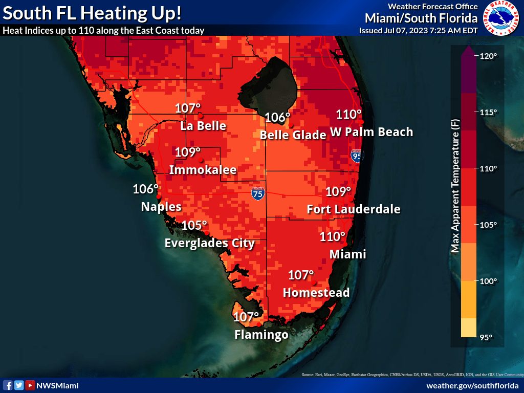 Mapa de calor del sur de Florida con temperaturas de hasta 110 grados Fahrenheit