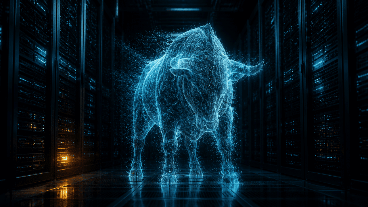 Toro holográfico azul en un entorno tecnológico de servidores