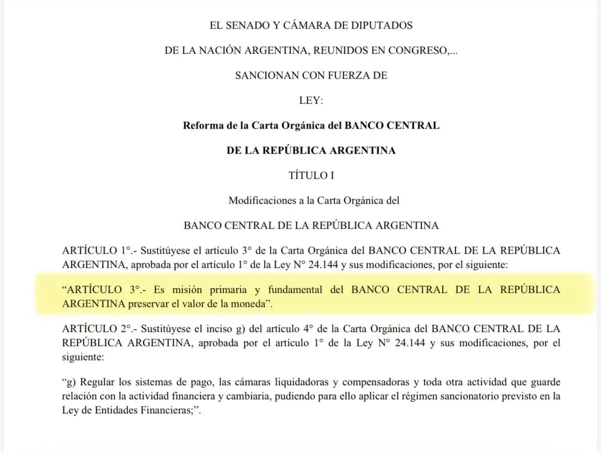 Documento oficial de la reforma de la Carta Orgánica del Banco Central de la República Argentina