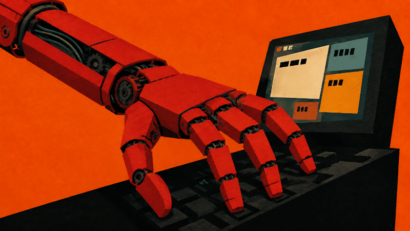 Representación de un brazo robótico extendiéndose hacia un teclado