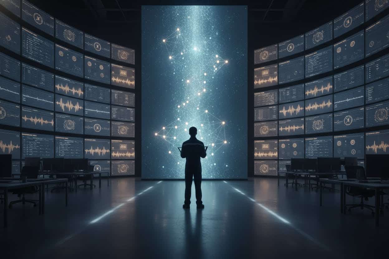 Persona observando visualización de datos de monitoreo de infraestructura tecnológica