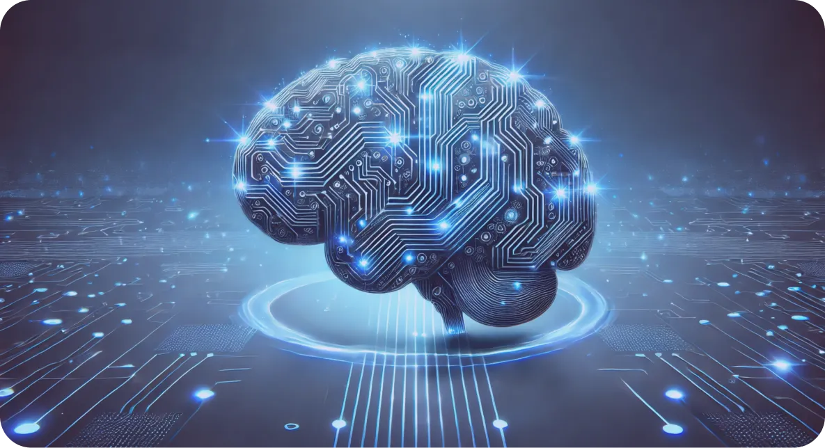Cerebro estilizado con circuitos electrónicos y patrones de datos sobre fondo futurista, representación de la inteligencia artificial avanzada
