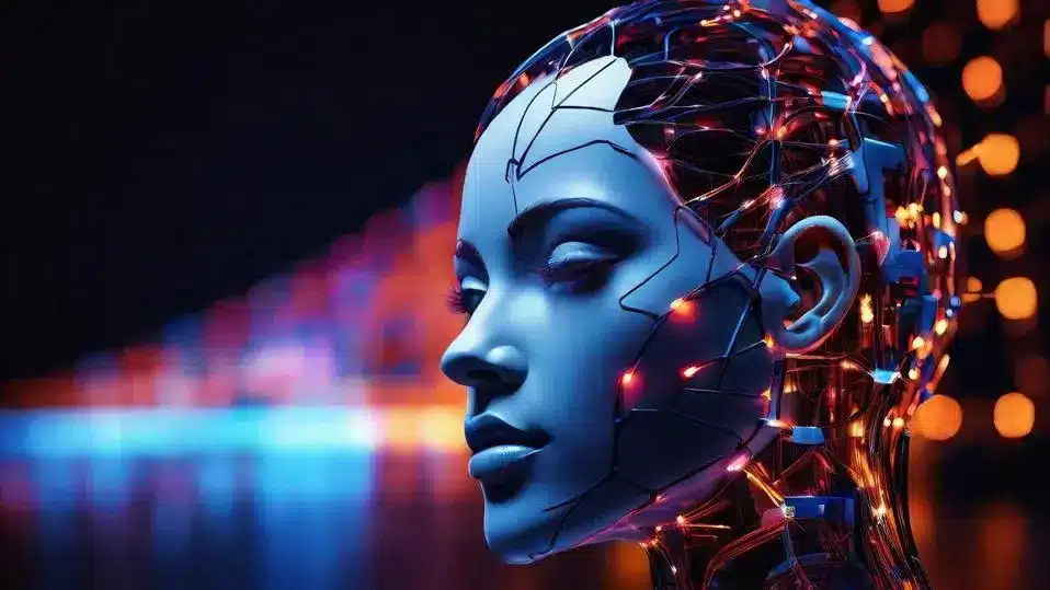 Rostro de modelo humanoide con estructuras internas tecnológicas y luces azules y naranjas sobre fondo futurista