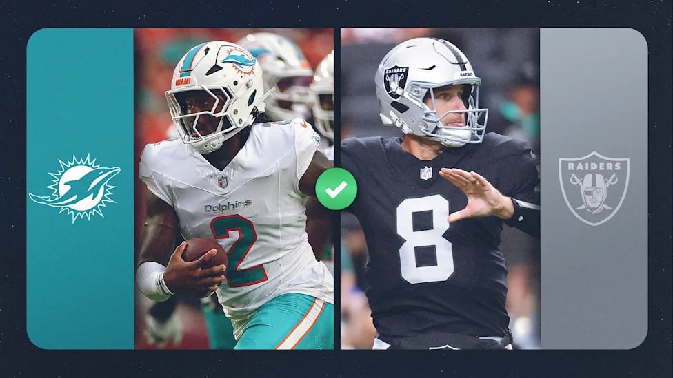 Jugadores de Miami Dolphins y Las Vegas Raiders en acción durante el partido