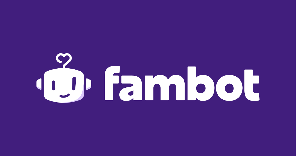 Logo de Fambot con un robot amigable y un corazón sobre fondo púrpura