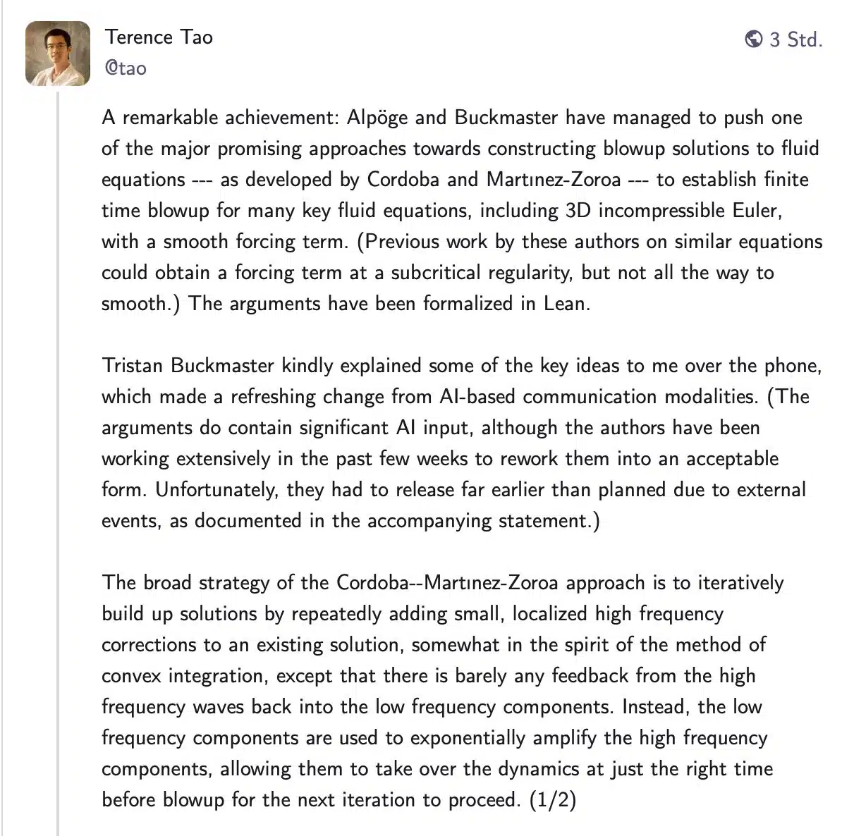 Publicación del matemático Terence Tao sobre los hallazgos de Alpöge y Buckmaster