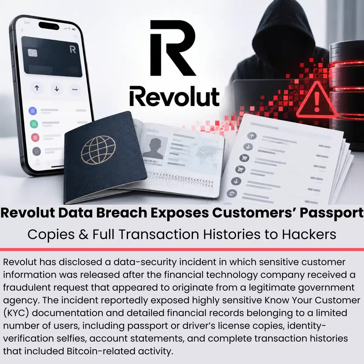 Gráfico informativo sobre la filtración de datos de Revolut con un teléfono, un pasaporte abierto y documentos de identificación