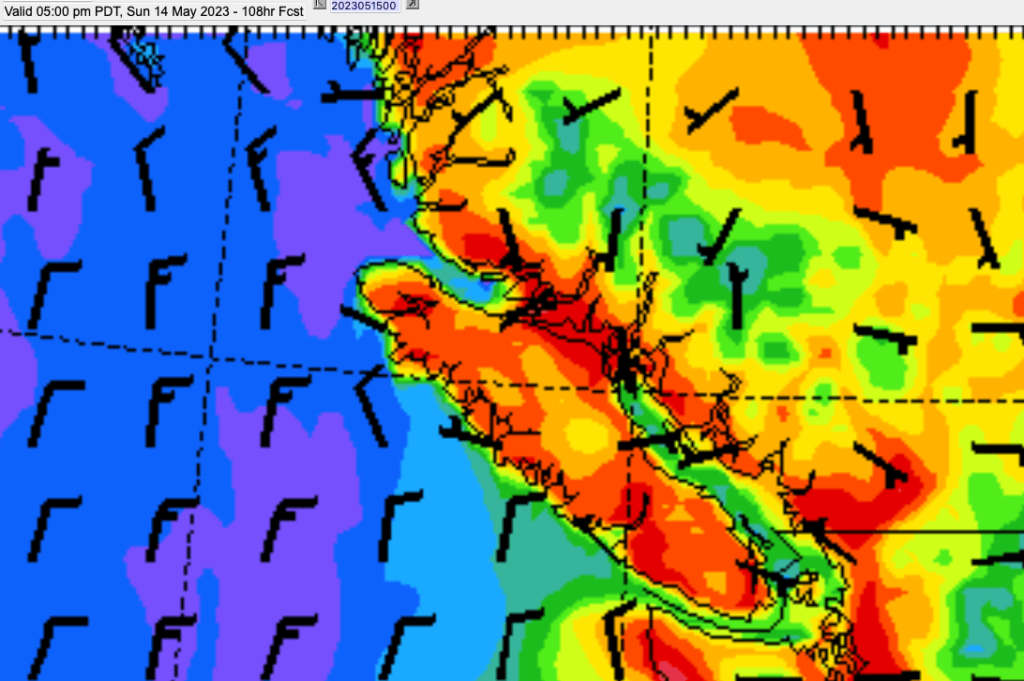 Sunday Afternoon temperatures - Temperatures over 30ºC in Port Alberni and other regions.