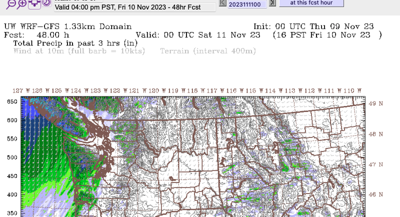 A screenshot of the 16 PST Friday precipitation view on Vancouver Island and the Pacific Northwest. This is the UWash weather model.  There is an another large band of green and blue precipitation just starting to impact the West Coast coast. There are streaks as well indicating some strong winds.