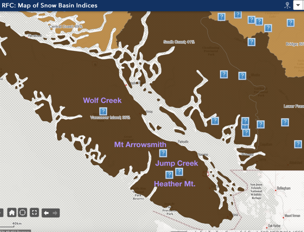 A screenshot from the BC River forecast centre map shows Vancouver Island in Brown. There are markers on the Island for each snow station. I have labelled each one starting with Wolf Creek in the north mid-Island, then Mt. Arrowsmith, Jump Creek and Heather Mountain.
