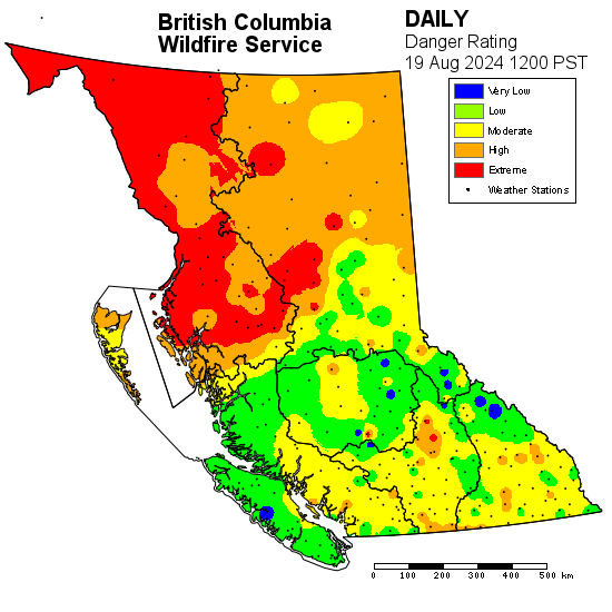 A map of B.C. shows the fire danger. The northern half remains high to extreme, the southern half is low to moderate.