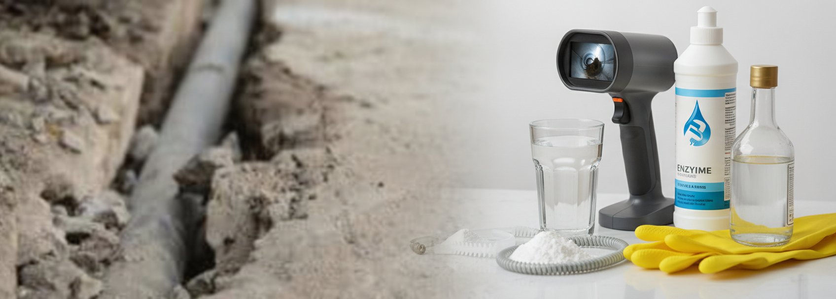DIY drain cleaning tools and enzyme solution for clogged pipes.