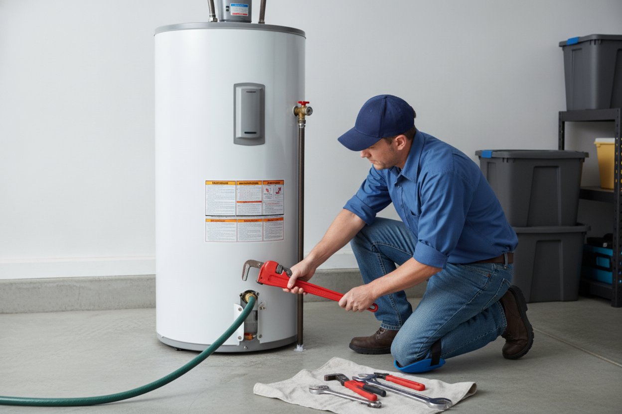 Plumber inspecting and maintaining water heater for longevity and efficiency.