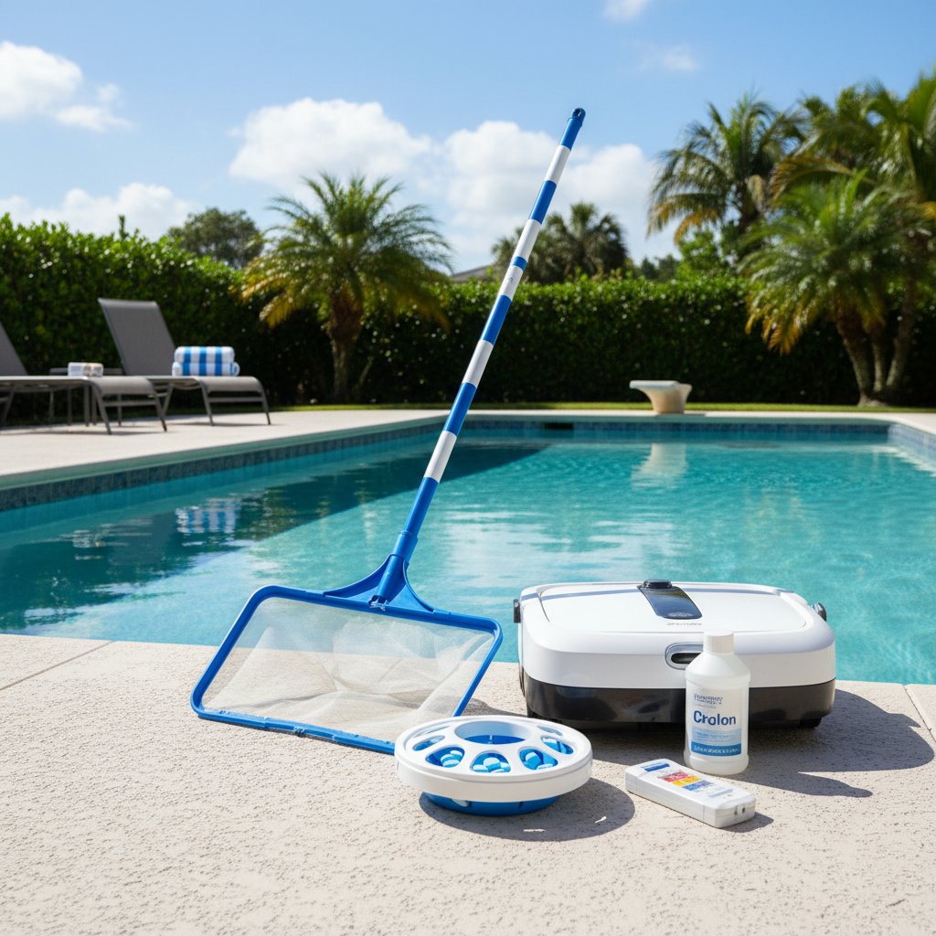 Pool cleaning tools including a skimmer net, robotic cleaner, chemical testing kit, and pool maintenance products arranged by a sparkling blue swimming pool, emphasizing essential practices for maintaining a pristine pool environment.