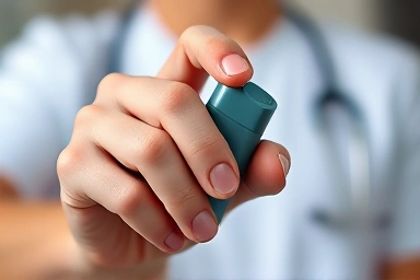 Close-up of asthma inhaler held by hand, medical context.