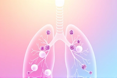 Abstract visualization of medication particles entering lungs.