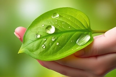 Close-up of a vibrant green leaf with dewdrops, symbolizing natural health.