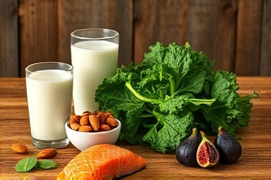 Bone-healthy foods: milk, almonds, greens, salmon, figs