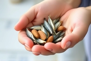 Hand holding calcium-rich foods: anchovies, almonds