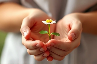 Hands nurturing a blooming flower, symbolizing BPD recovery and self-care.
