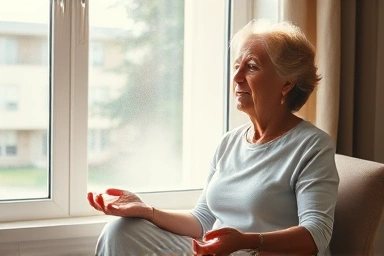 Woman practicing deep breathing by a sunny window.