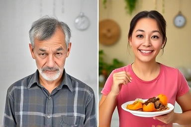 Contrast of fatigue vs. energy from balanced nutrition.