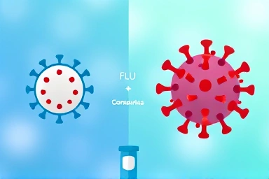 Icons of flu and coronavirus linked to a diagnostic test result.