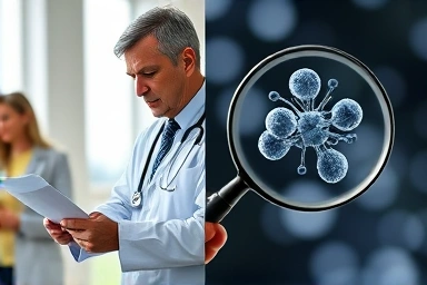 Doctor explaining medical chart and cell inspection.