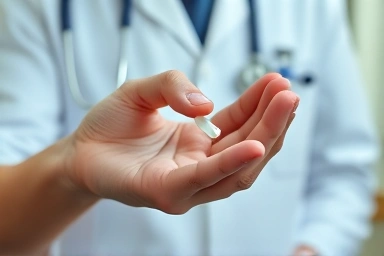 Doctor's hand with medication, representing expert advice.