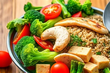 Healthy gout-friendly meal with vegetables, lean protein, and whole grains.