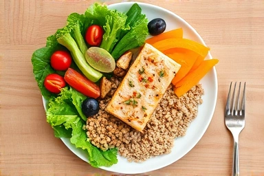 Healthy meal with vegetables, fish, and grains for heart recovery.