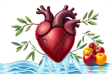 Symbol of a healthy heart surrounded by nature and healthy food.