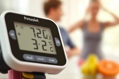 Digital blood pressure monitor displaying readings, healthy lifestyle elements.