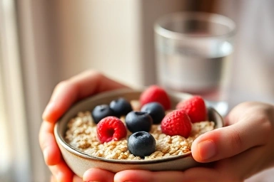 Healthy oatmeal and water, symbolizing soothing gut-friendly food.