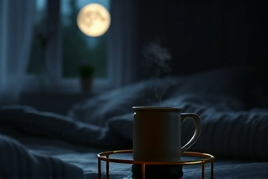 Cozy bedroom with steaming herbal tea mug at night