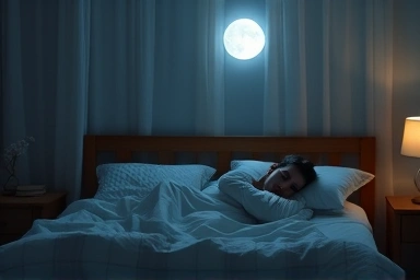 Peaceful sleep in a tranquil moonlit bedroom.