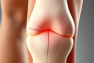 Knee cartilage damage, subtle internal crack, clinical focus.